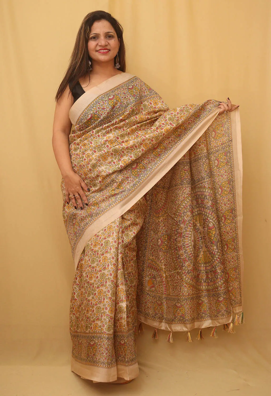 1 Min Ready To Wear - Pastel Madhubani Print Semi Tussar Silk Saree