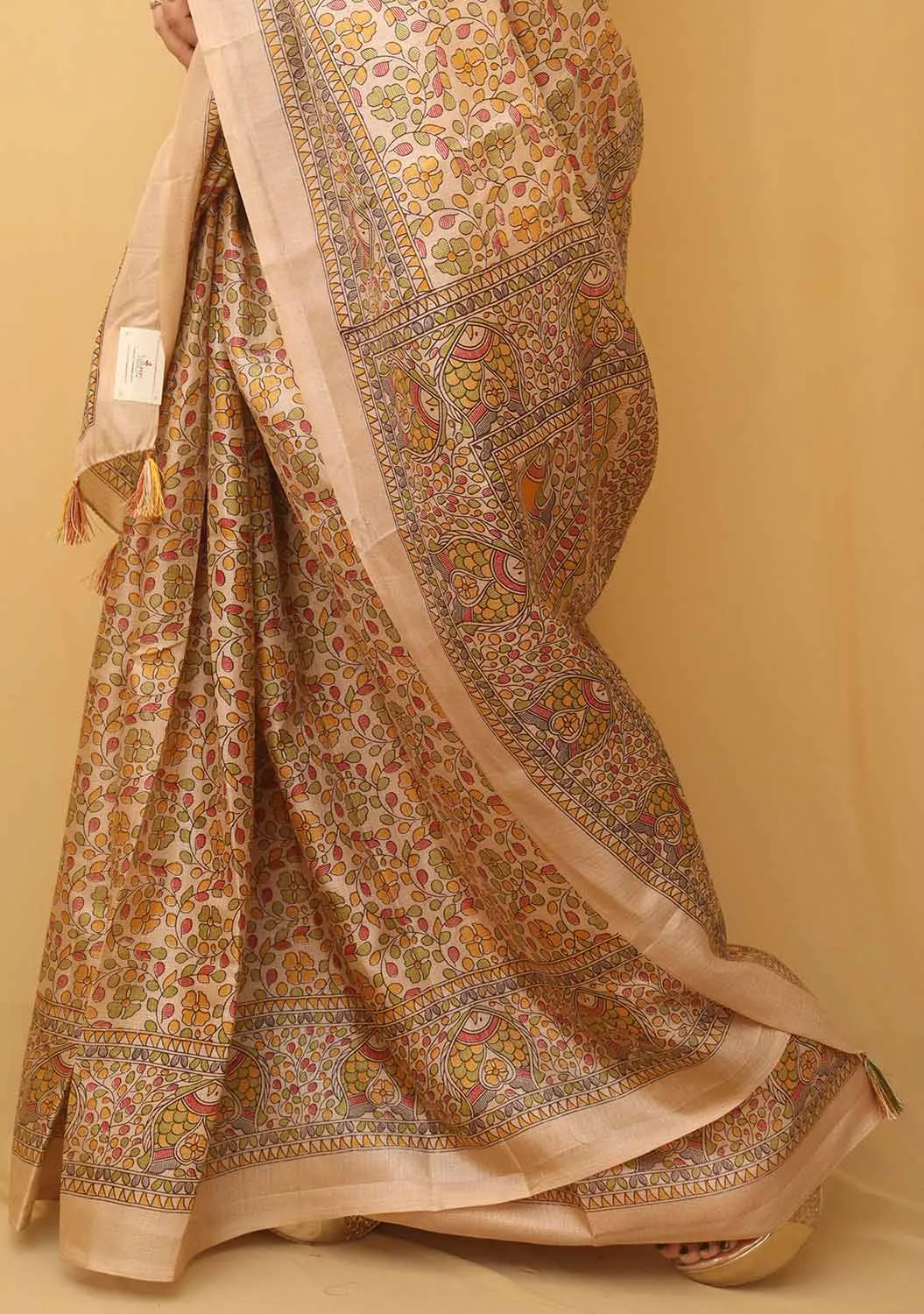 1 Min Ready To Wear - Pastel Madhubani Print Semi Tussar Silk Saree