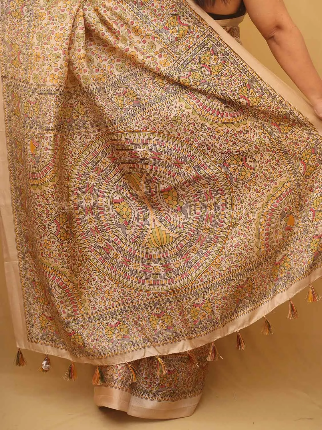 1 Min Ready To Wear - Pastel Madhubani Print Semi Tussar Silk Saree