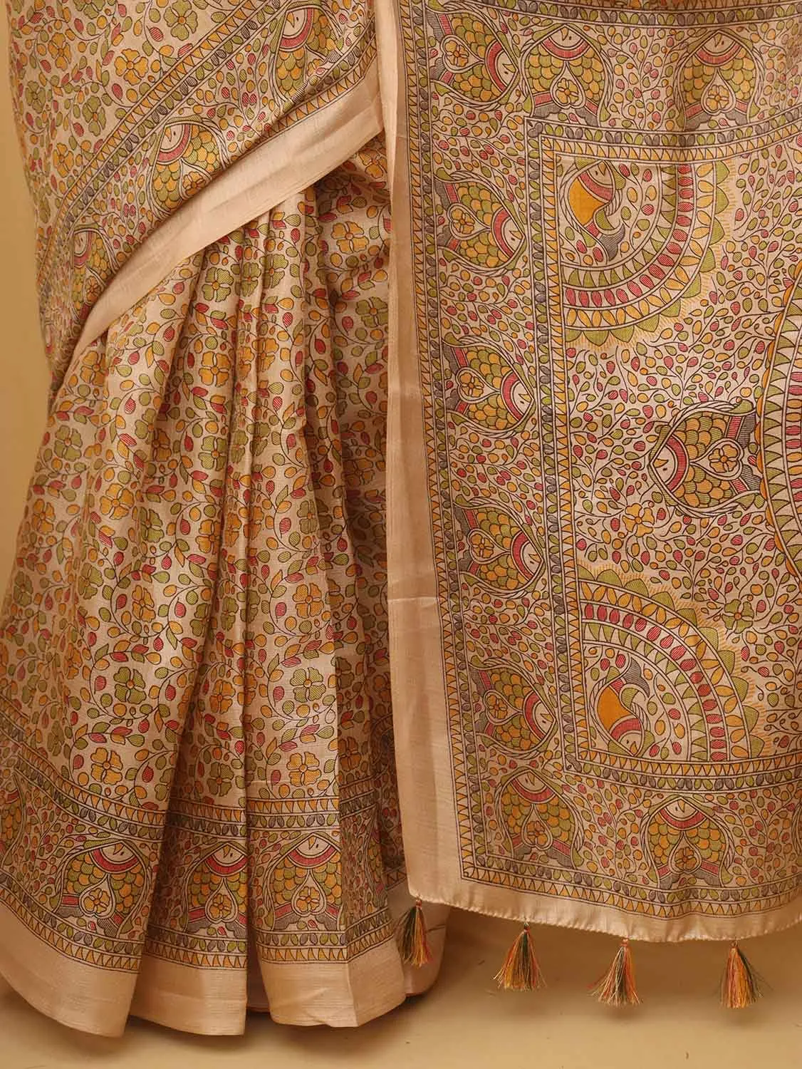 1 Min Ready To Wear - Pastel Madhubani Print Semi Tussar Silk Saree