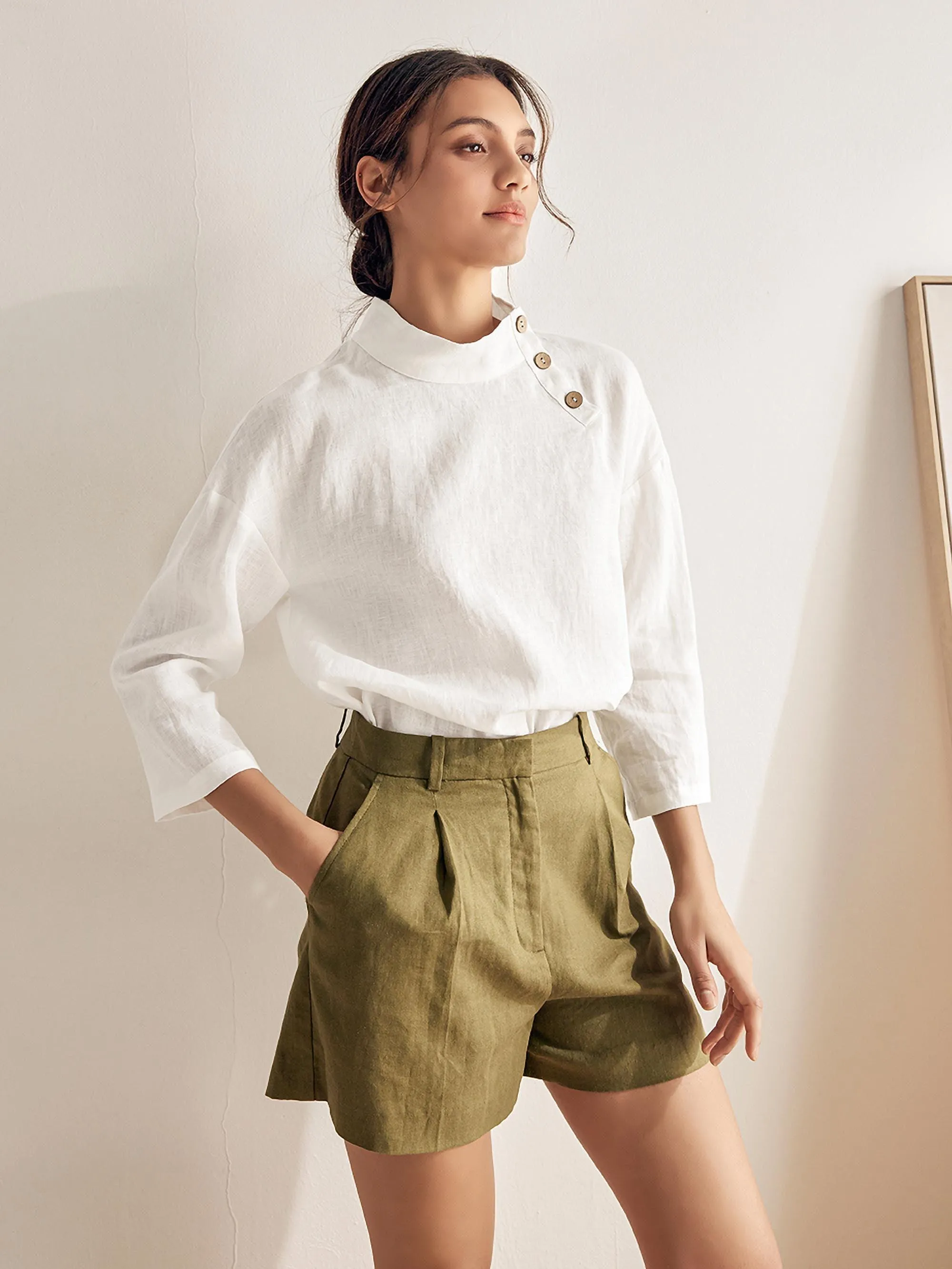 100% Linen Classic Side Neck Top CORA