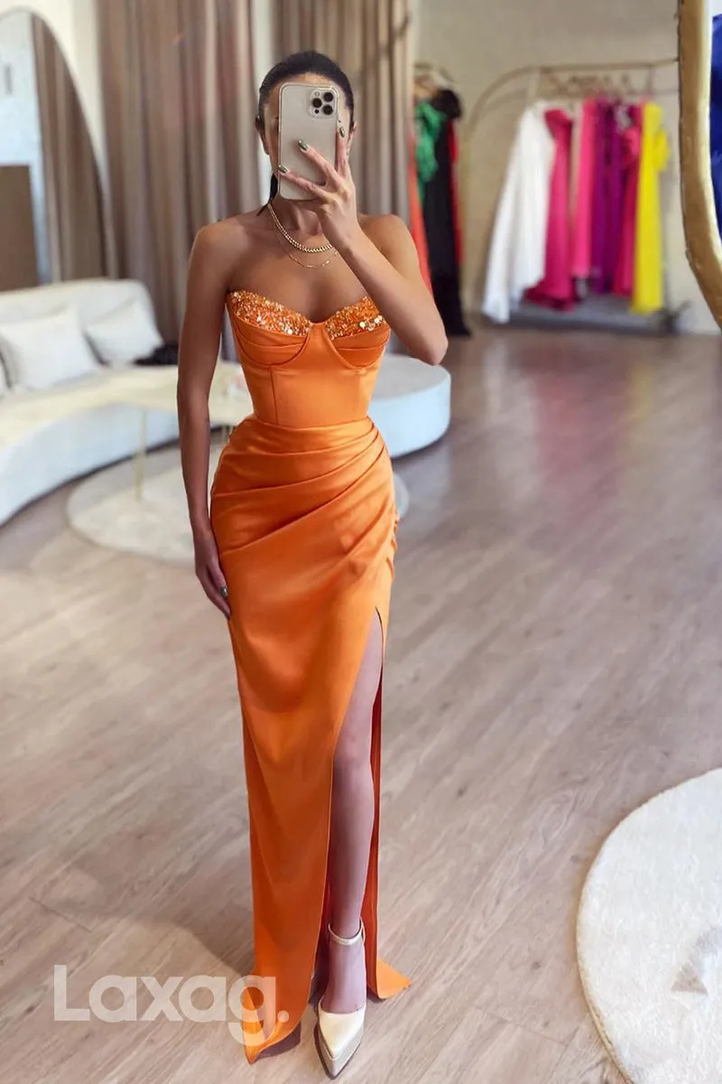 21910 - Sweetheart Ruched Sheath Long Formal Prom Dress with Slit