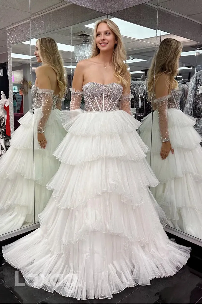 22008 - A Line Strapless Pearls Long Sleeves Formal Prom Dress