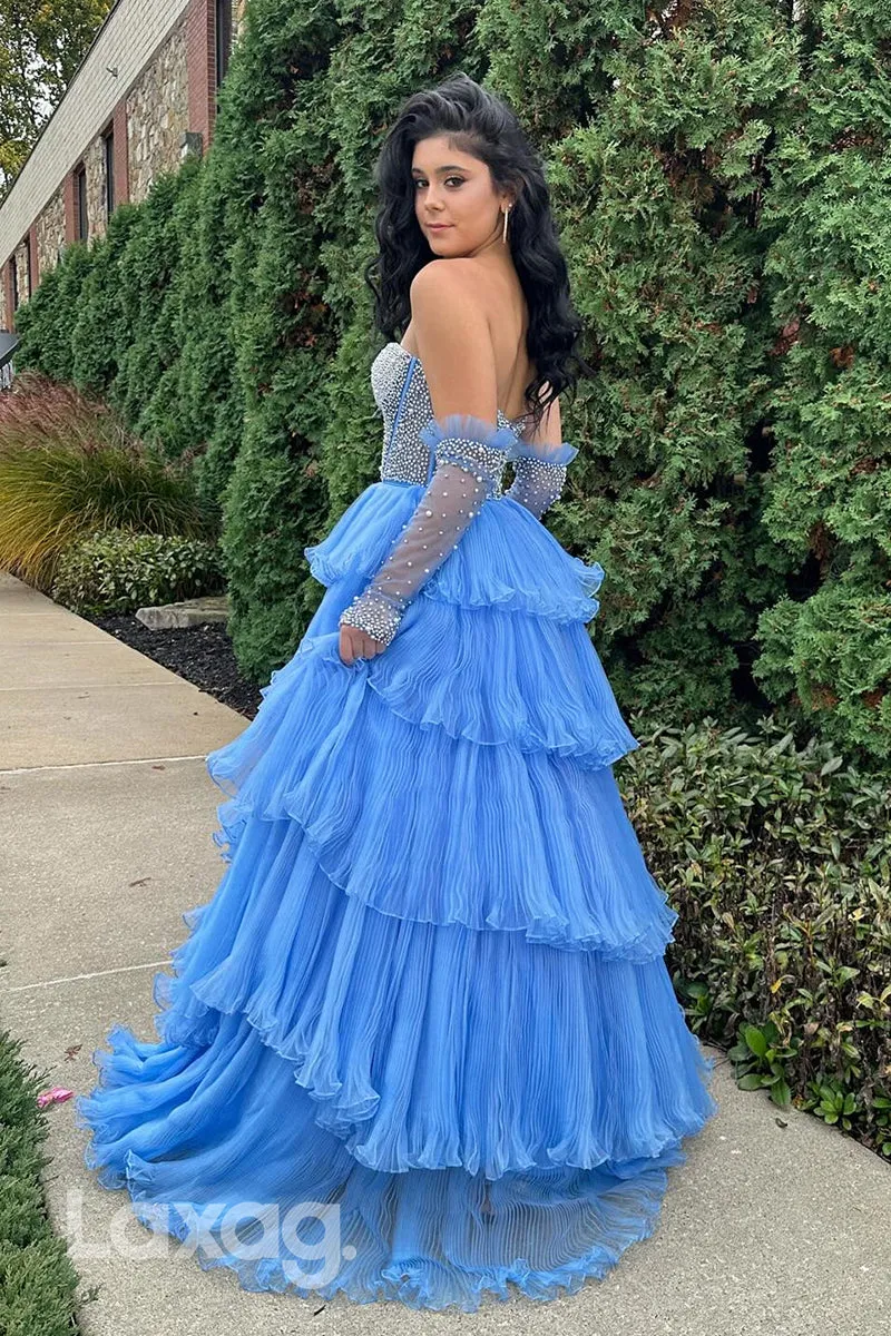 22008 - A Line Strapless Pearls Long Sleeves Formal Prom Dress