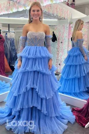 22008 - A Line Strapless Pearls Long Sleeves Formal Prom Dress