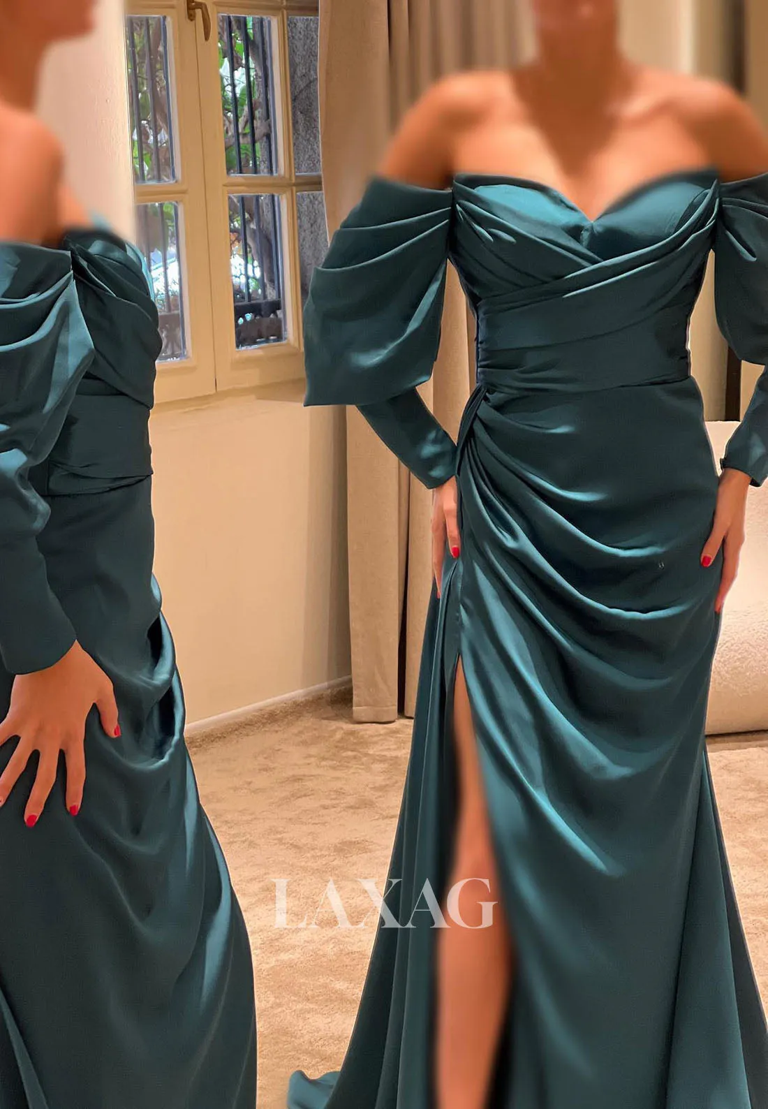 23160 - Off Shoulder Long Sleeves High Slit Party Prom Formal Evening Dress with Train