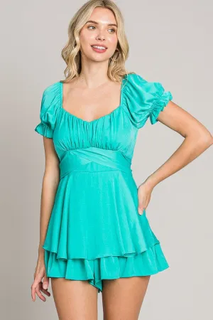 Aqua Blue Off-Shoulder Tie Back Romper