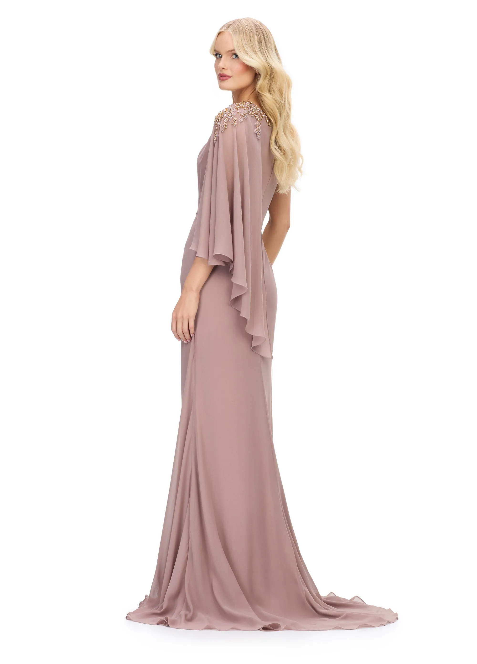 Ashley Lauren 11701 One Shoulder Flowy Sleeve Chiffon Evening Gown Ruched Waist Embellished Shoulder