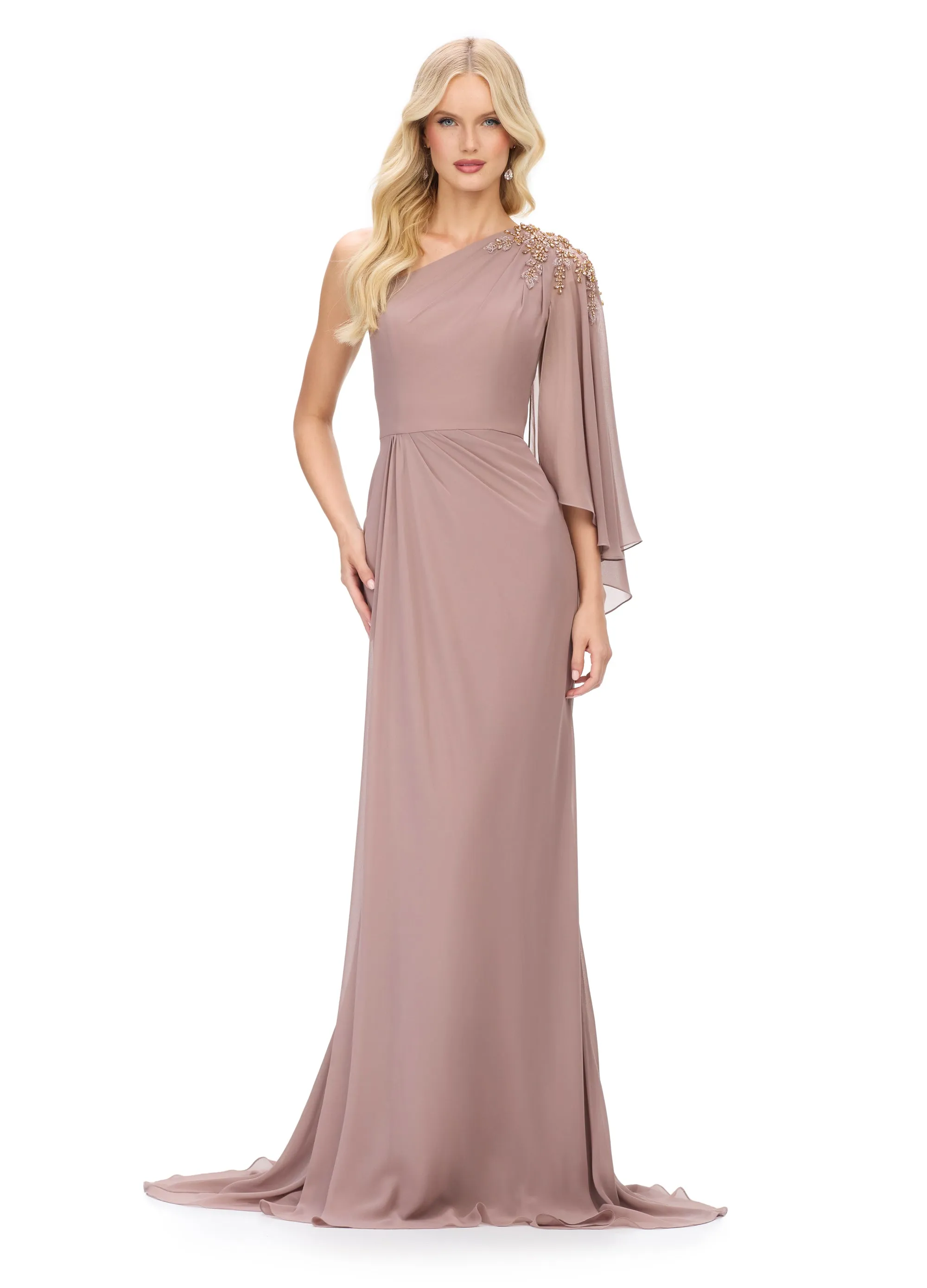 Ashley Lauren 11701 One Shoulder Flowy Sleeve Chiffon Evening Gown Ruched Waist Embellished Shoulder