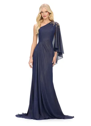 Ashley Lauren 11701 One Shoulder Flowy Sleeve Chiffon Evening Gown Ruched Waist Embellished Shoulder