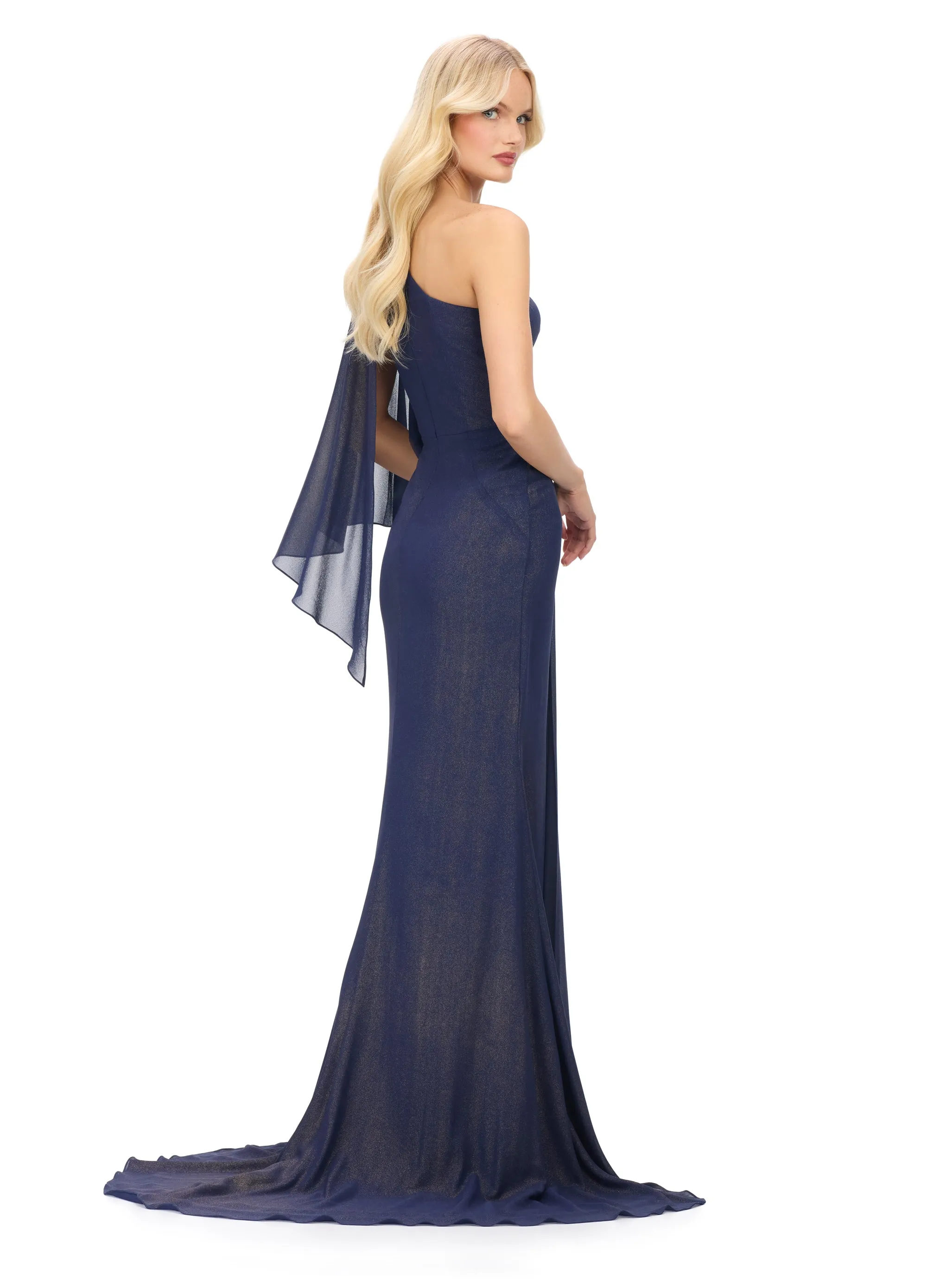 Ashley Lauren 11701 One Shoulder Flowy Sleeve Chiffon Evening Gown Ruched Waist Embellished Shoulder