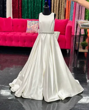 Ashley Lauren 8079 Size 12 Ivory Long satin A Line girls Pageant Dress High Neck Bow Formal Gown