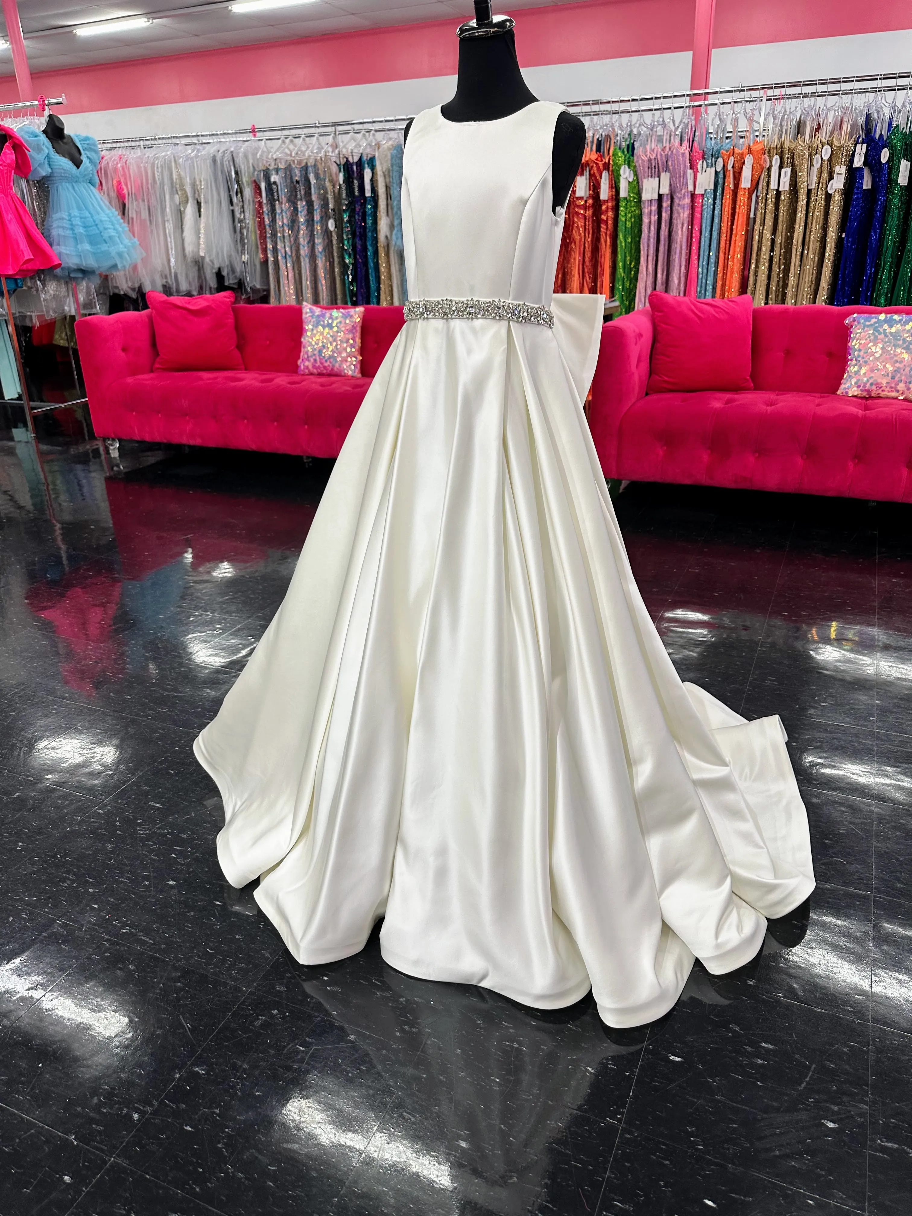 Ashley Lauren 8079 Size 12 Ivory Long satin A Line girls Pageant Dress High Neck Bow Formal Gown