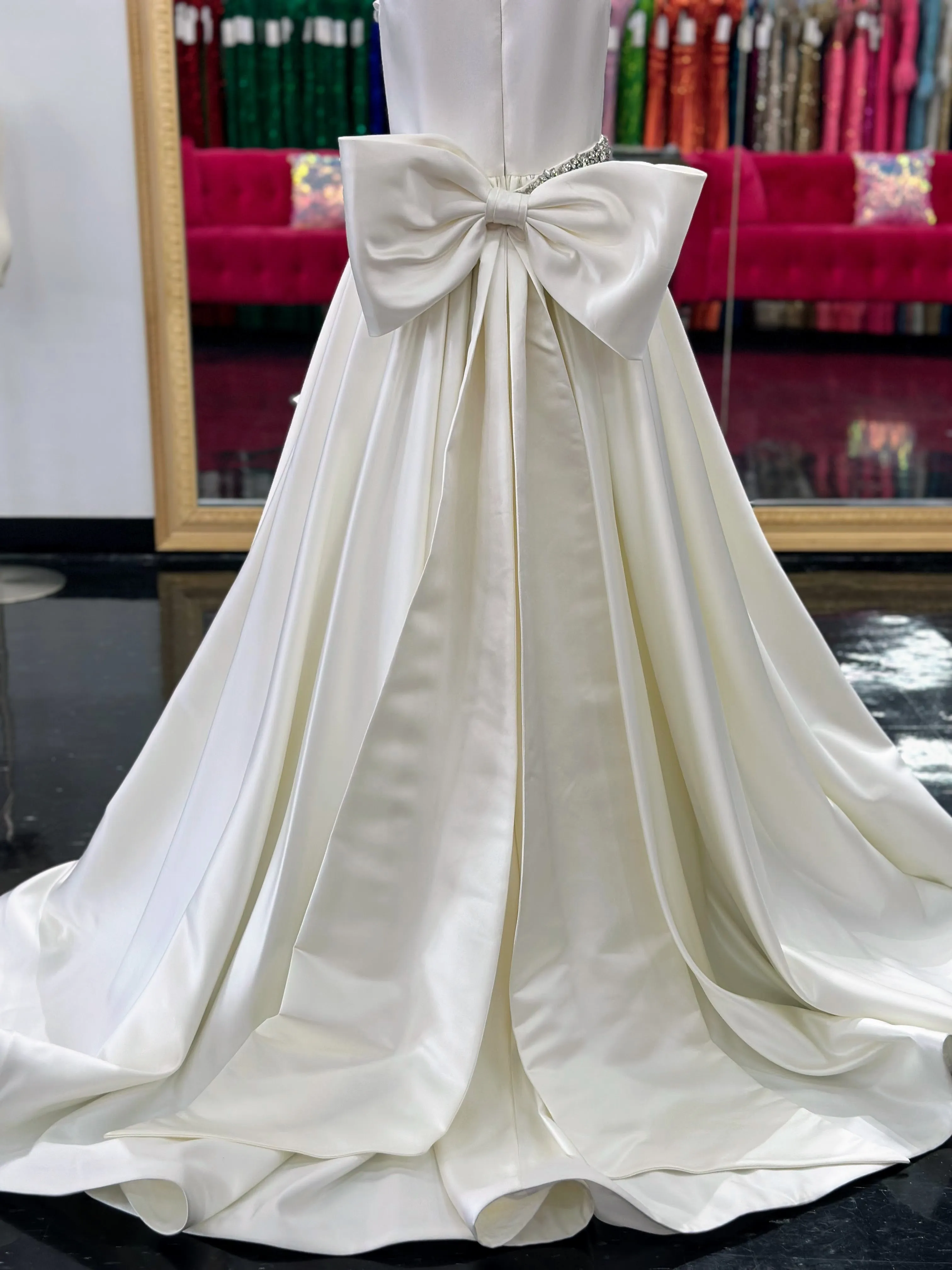 Ashley Lauren 8079 Size 12 Ivory Long satin A Line girls Pageant Dress High Neck Bow Formal Gown