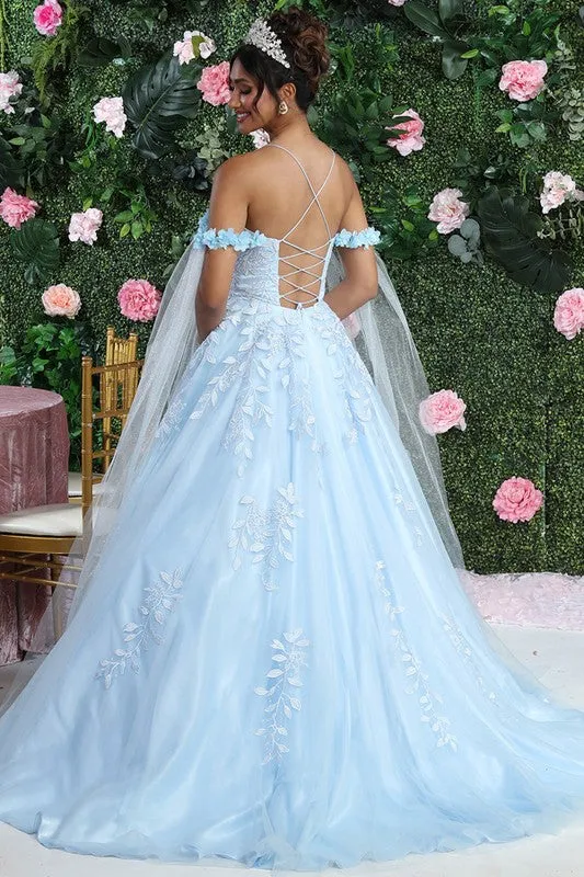 Baby Blue Botanic Lace 3D Floral Applique Cape Sleeve Quince