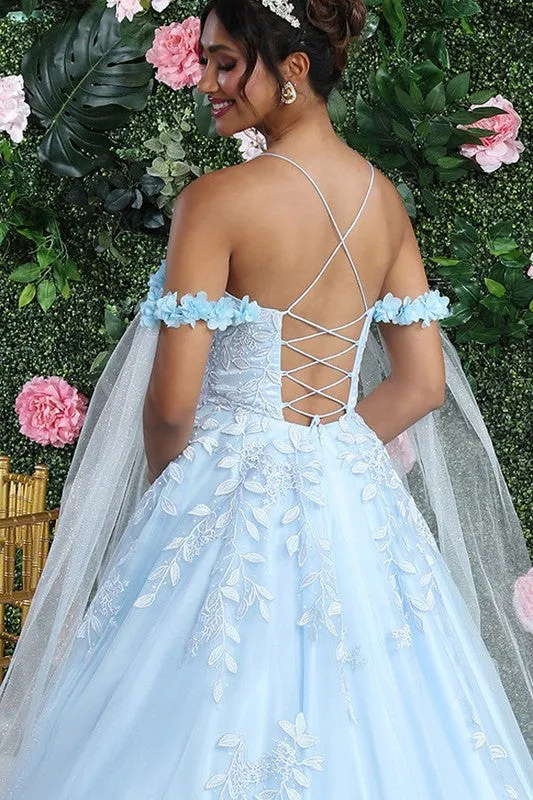 Baby Blue Botanic Lace 3D Floral Applique Cape Sleeve Quince