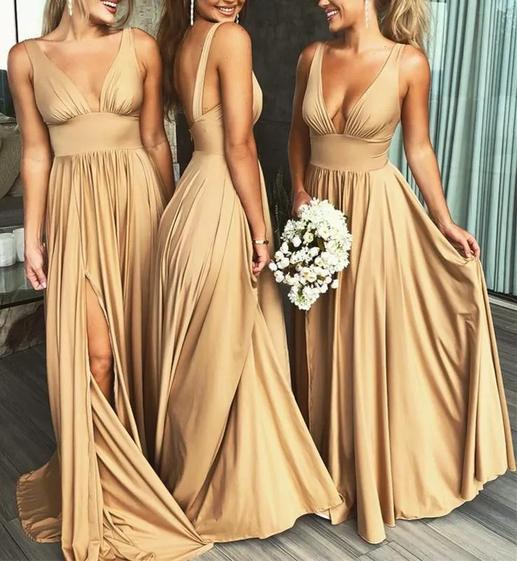 Backless Beach V-Neck Long Gold Bridesmaid Dresses Slit Side