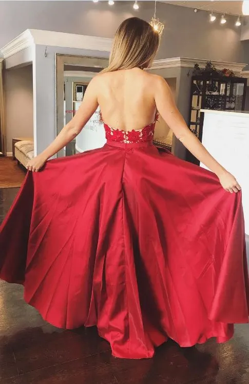 Backless Halter Long Prom Dresses with Appliques