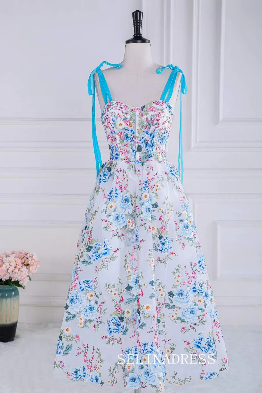 Blue and White Bow Tie Straps Floral Tea-Length Prom Dress lps023
