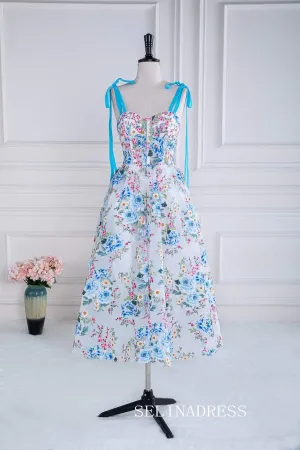Blue and White Bow Tie Straps Floral Tea-Length Prom Dress lps023