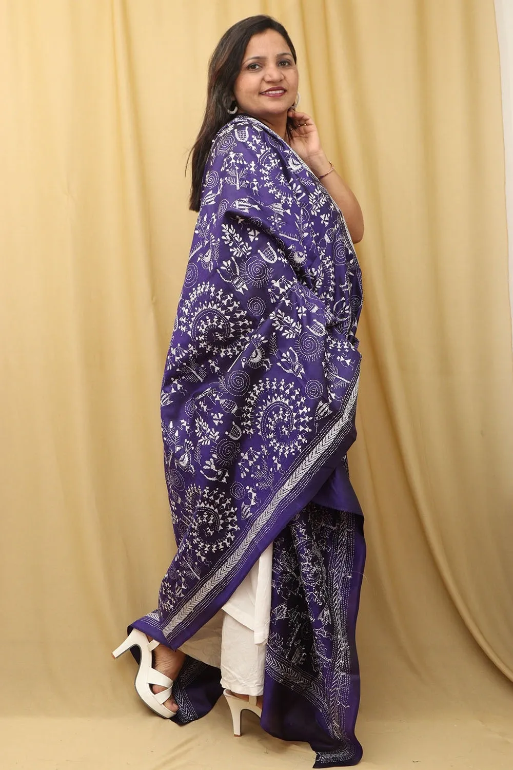 Blue Kantha Bangalore Silk Hand Embroidered Dupatta