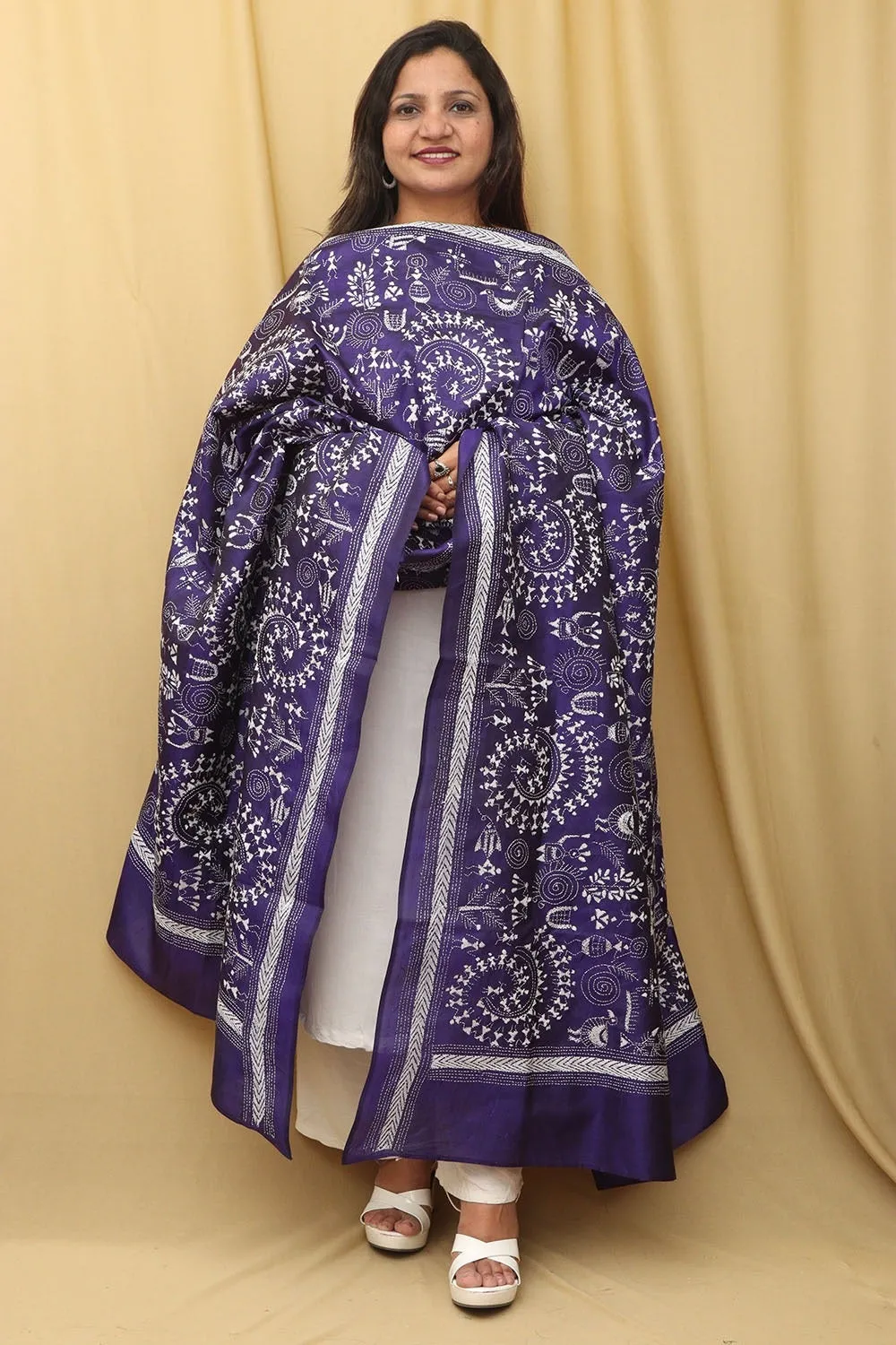 Blue Kantha Bangalore Silk Hand Embroidered Dupatta
