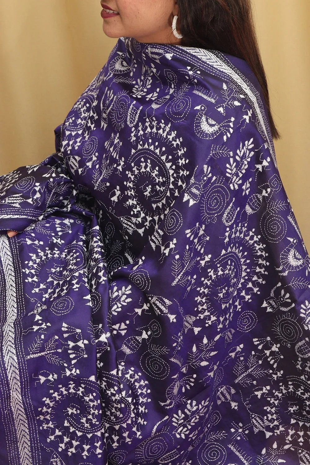 Blue Kantha Bangalore Silk Hand Embroidered Dupatta
