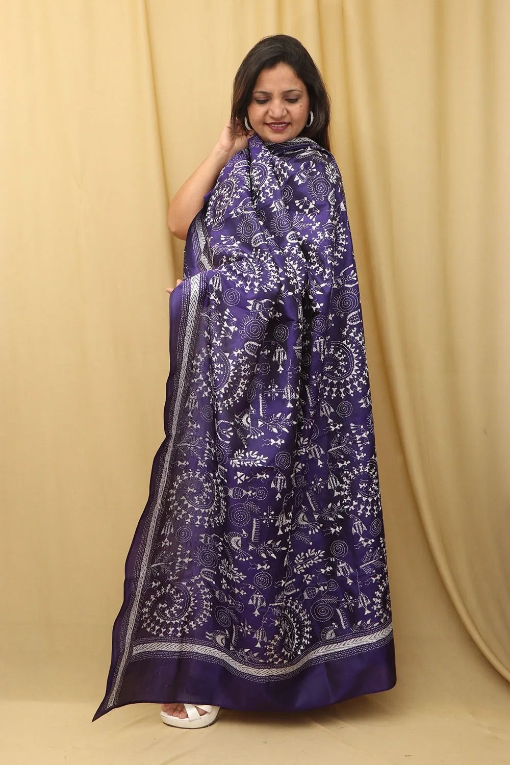 Blue Kantha Bangalore Silk Hand Embroidered Dupatta