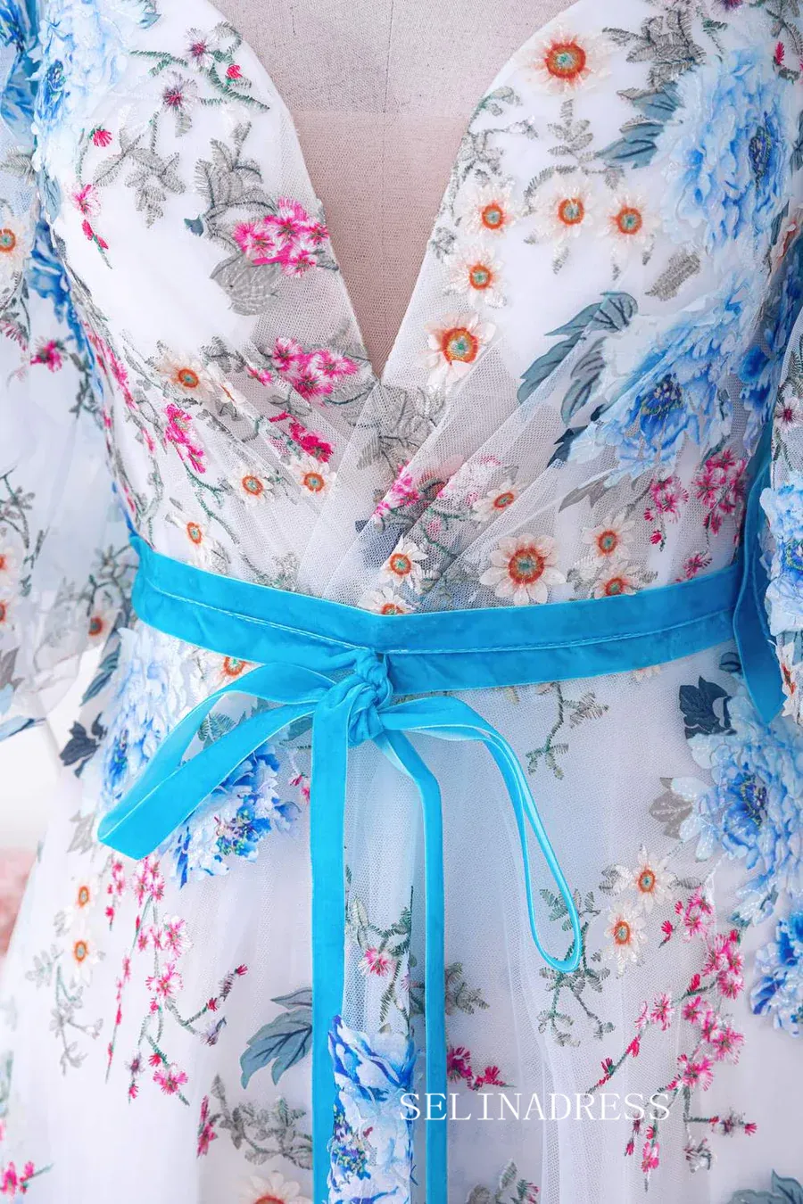 Bow Tie Straps Blue and White Puff Sleeves Long Prom Dress with Slit lps022