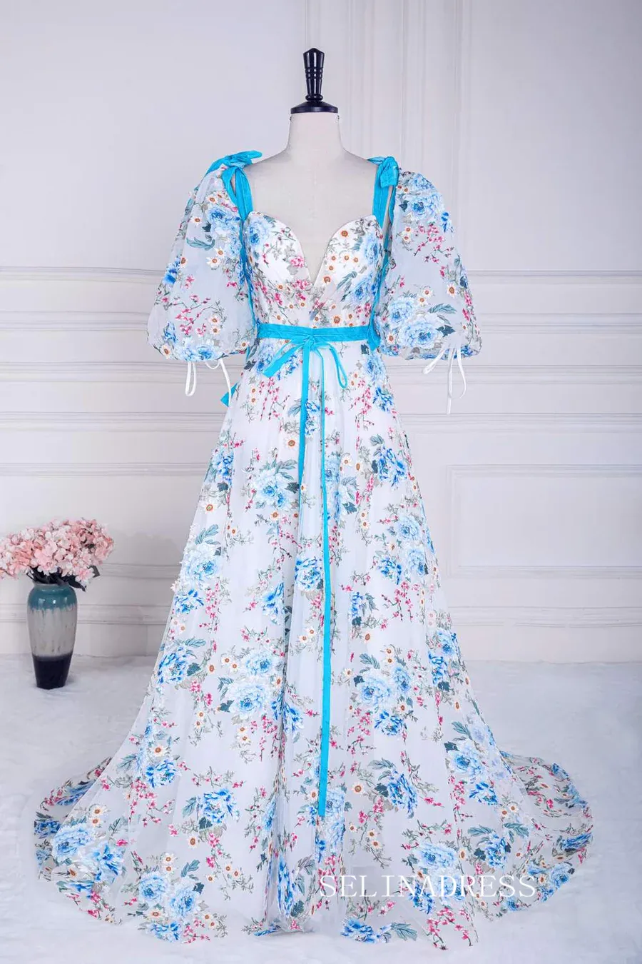 Bow Tie Straps Blue and White Puff Sleeves Long Prom Dress with Slit lps022