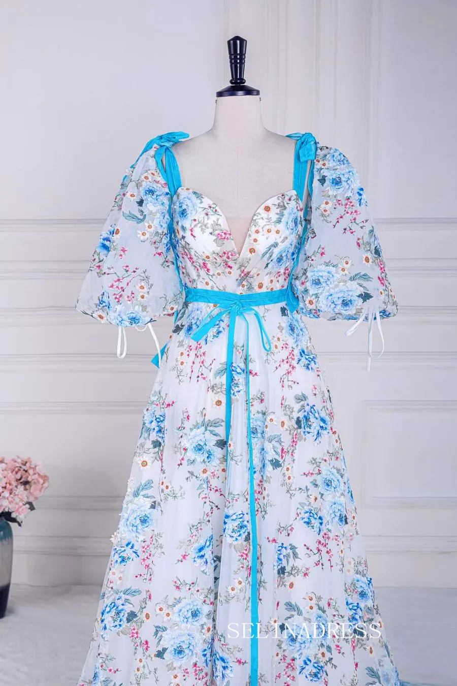 Bow Tie Straps Blue and White Puff Sleeves Long Prom Dress with Slit lps022