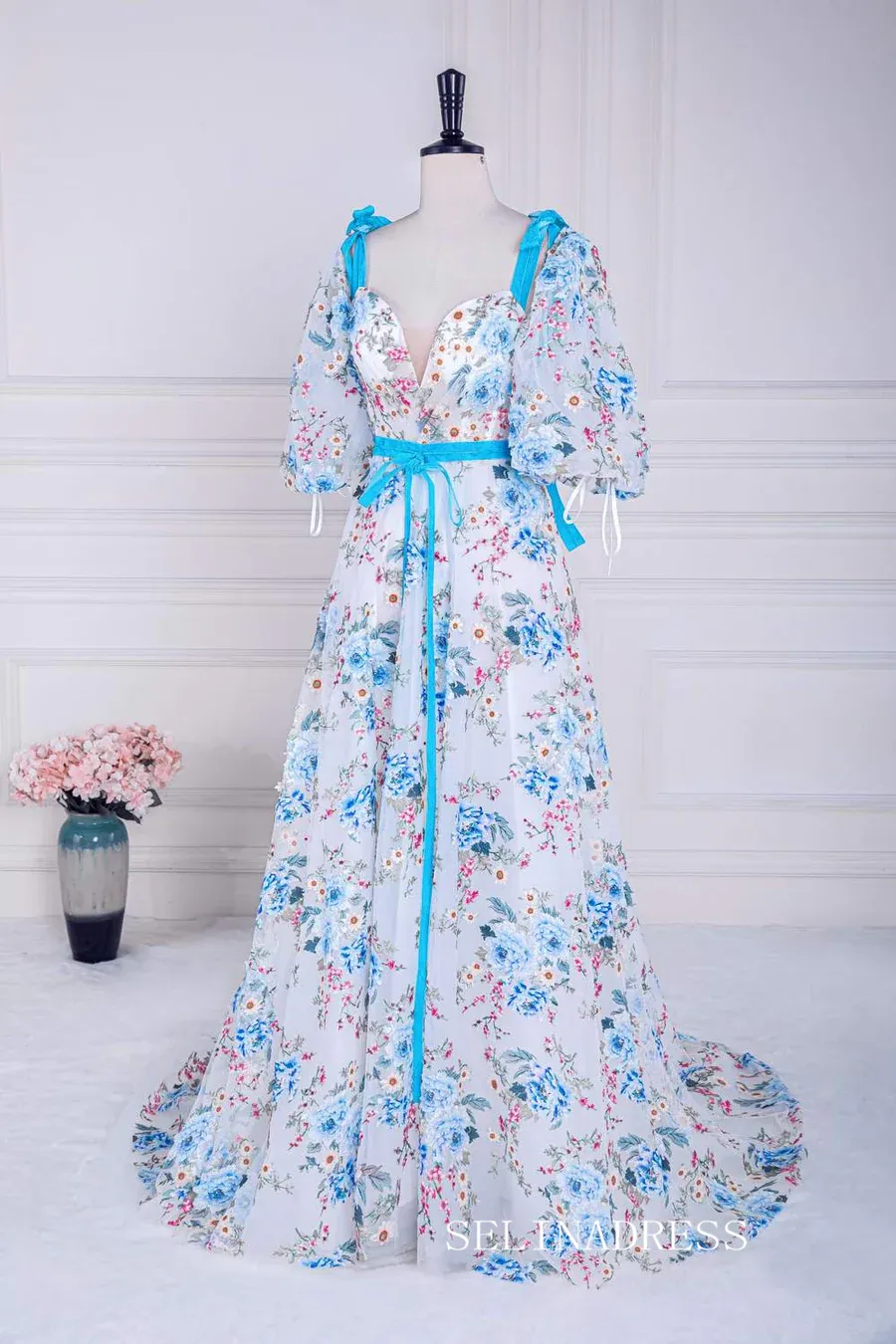 Bow Tie Straps Blue and White Puff Sleeves Long Prom Dress with Slit lps022