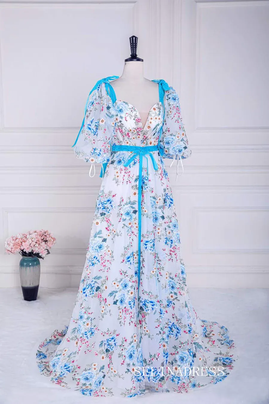 Bow Tie Straps Blue and White Puff Sleeves Long Prom Dress with Slit lps022