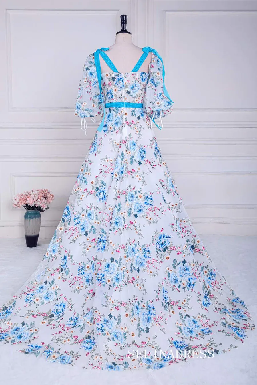 Bow Tie Straps Blue and White Puff Sleeves Long Prom Dress with Slit lps022