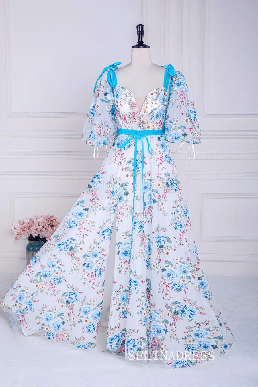 Bow Tie Straps Blue and White Puff Sleeves Long Prom Dress with Slit lps022
