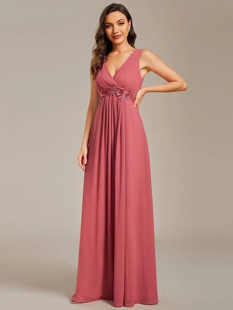 Brave Iris | Floral Applique Sleeveless Chiffon Long Formal Evening Dress