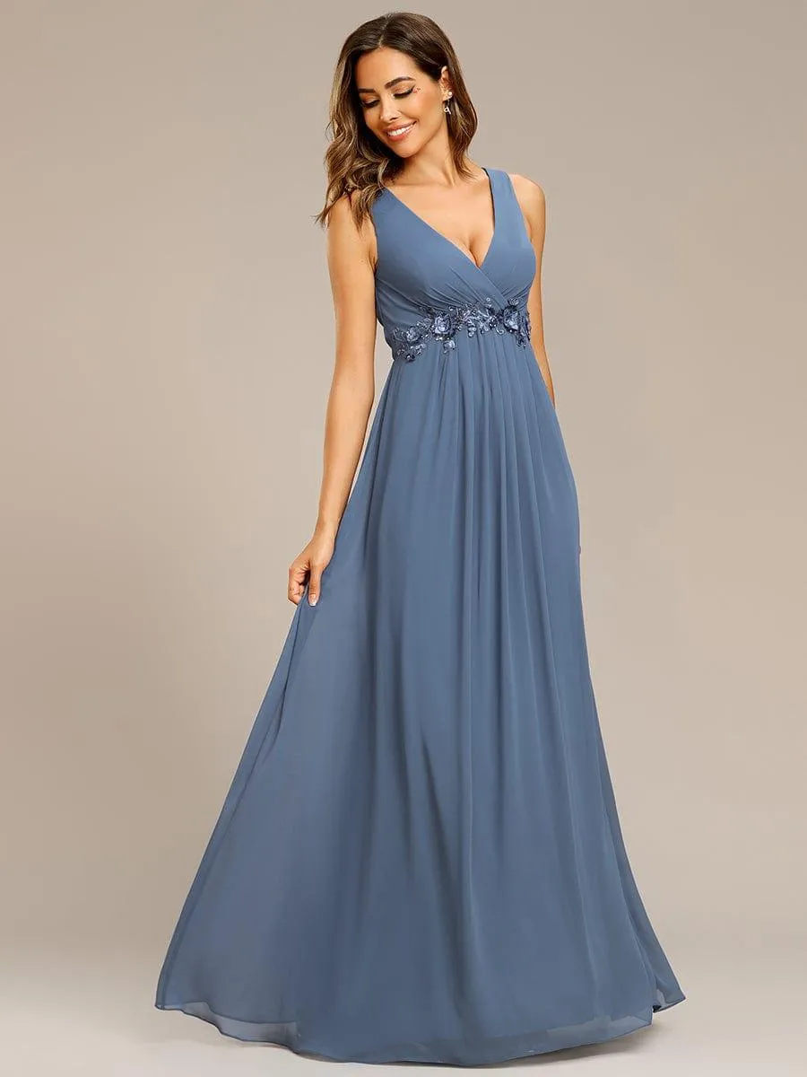 Brave Iris | Floral Applique Sleeveless Chiffon Long Formal Evening Dress