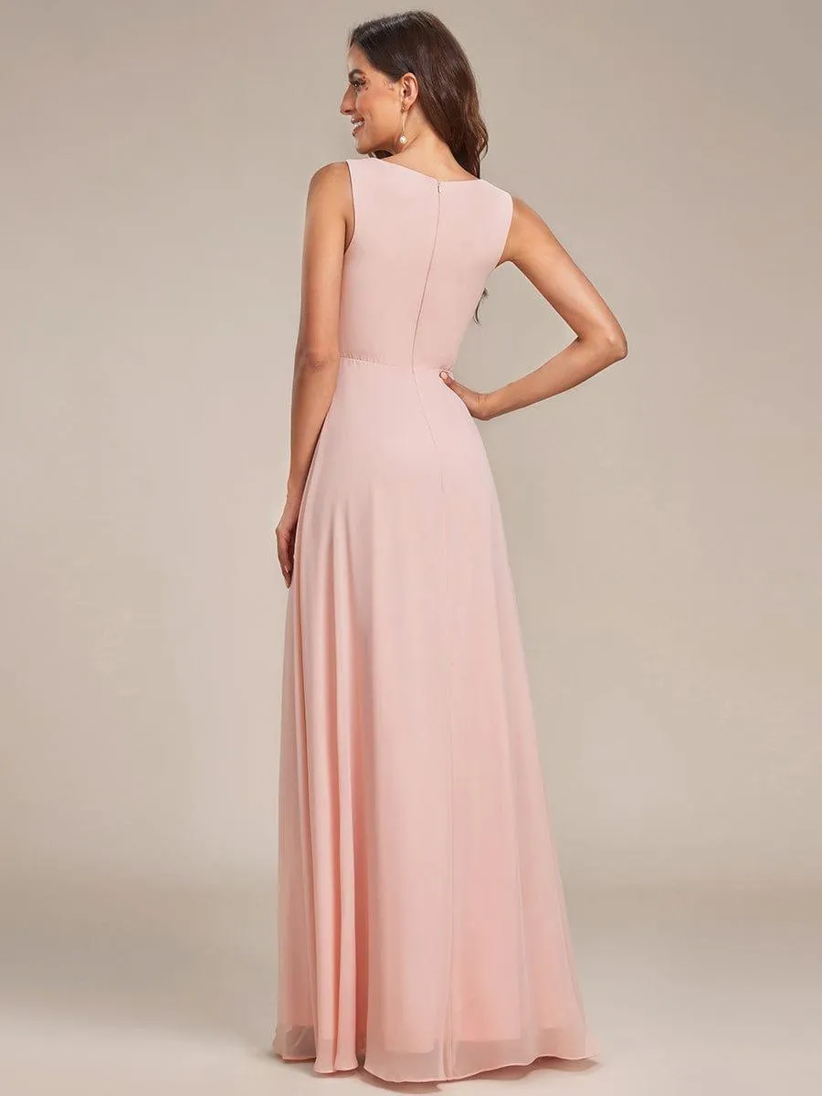 Brave Iris | Floral Applique Sleeveless Chiffon Long Formal Evening Dress