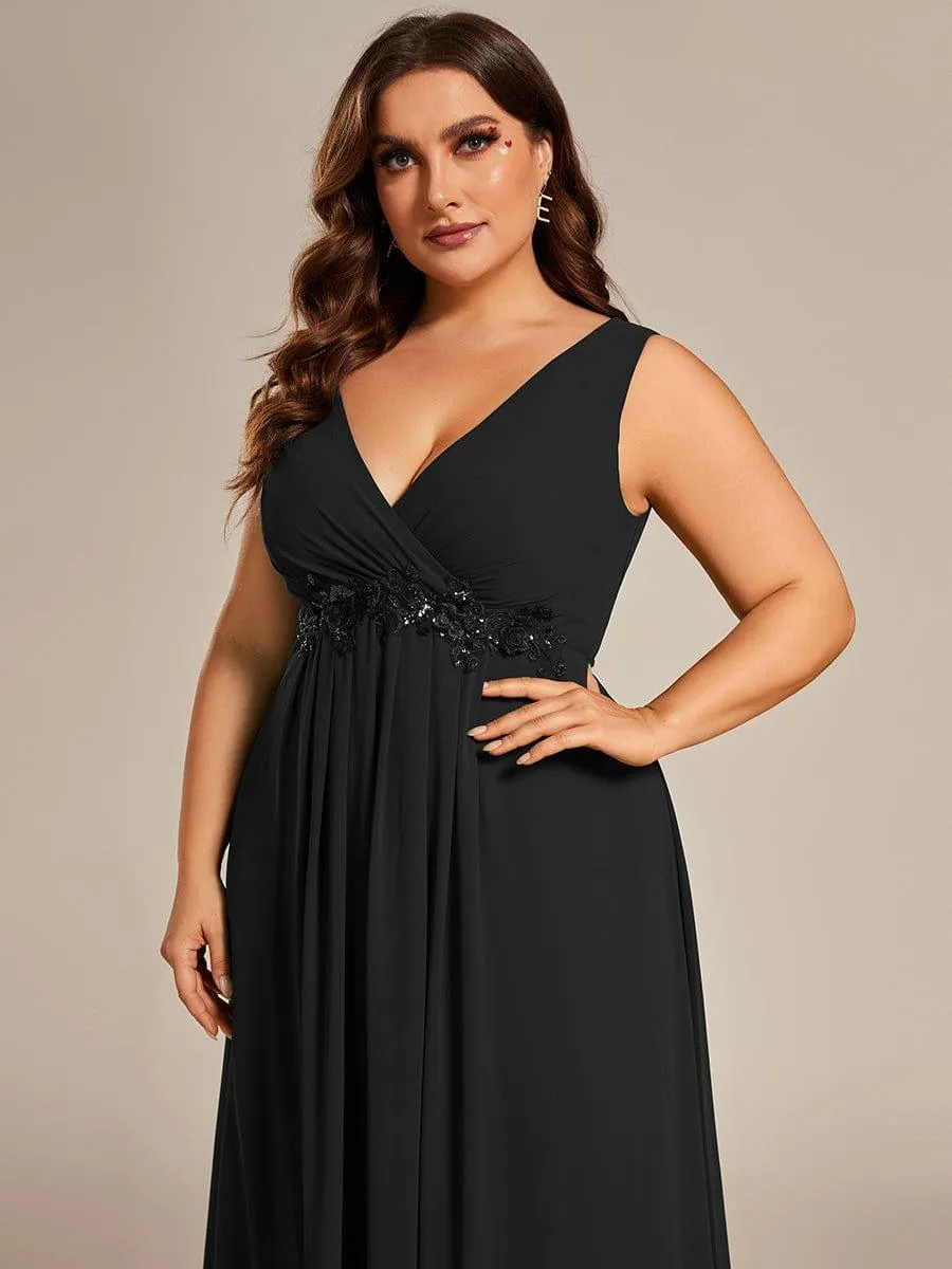 Brave Iris | Floral Applique Sleeveless Chiffon Long Formal Evening Dress