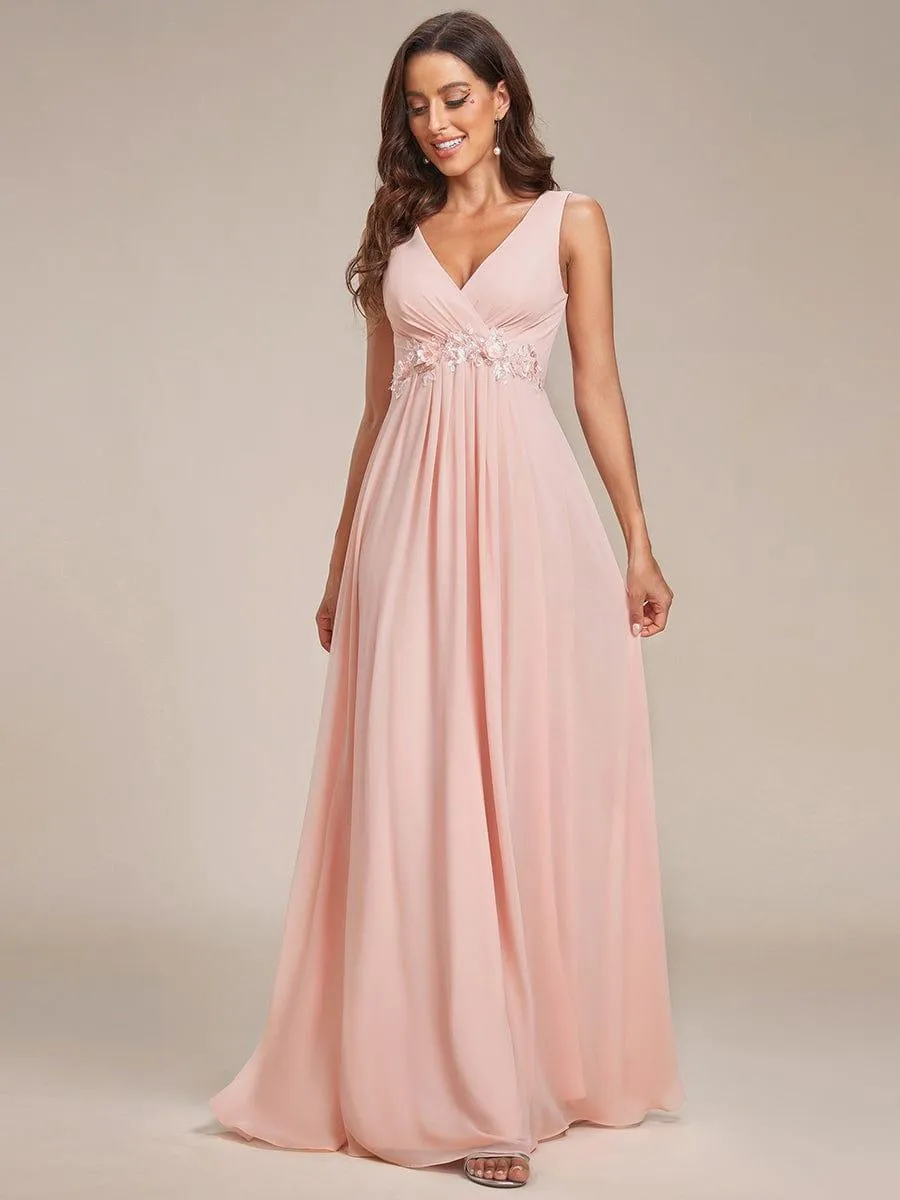 Brave Iris | Floral Applique Sleeveless Chiffon Long Formal Evening Dress