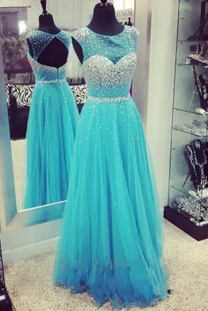 Cap Sleeves Long Beading Blue Elegant Open Back Prom Dresses PFP1212