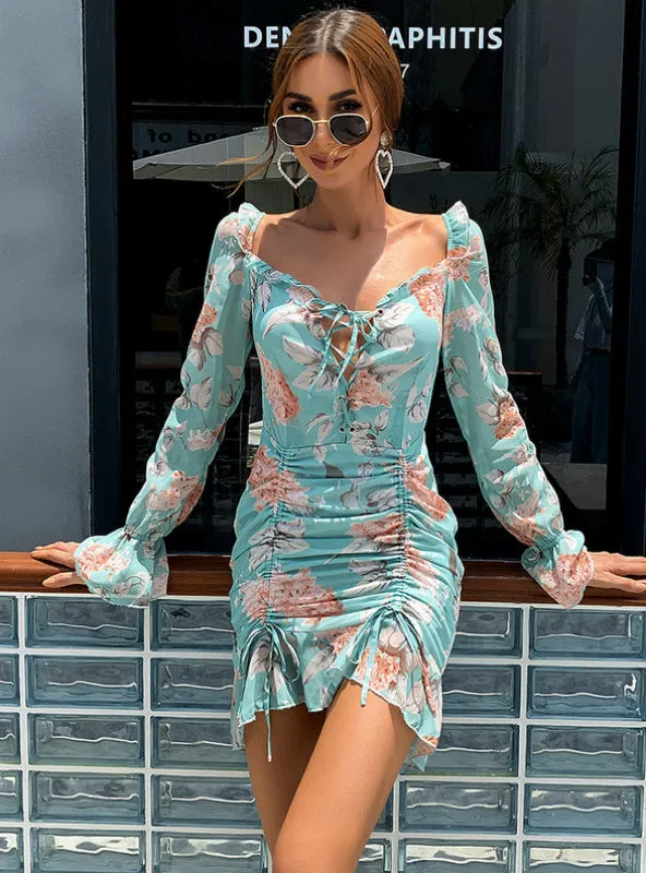 Chiffon Drawstring Pleated Skirt Floral Ruffled Dress
