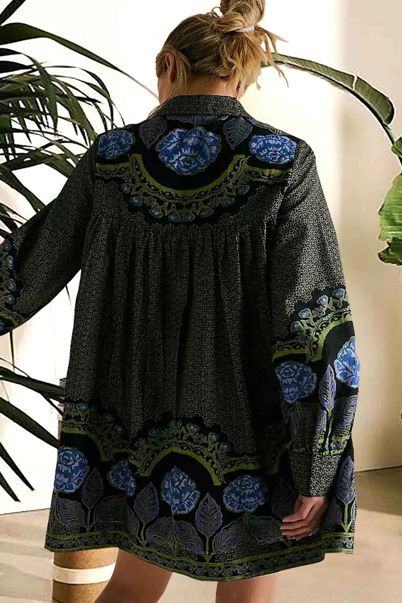 Contrast Floral Printed Lapel Dress