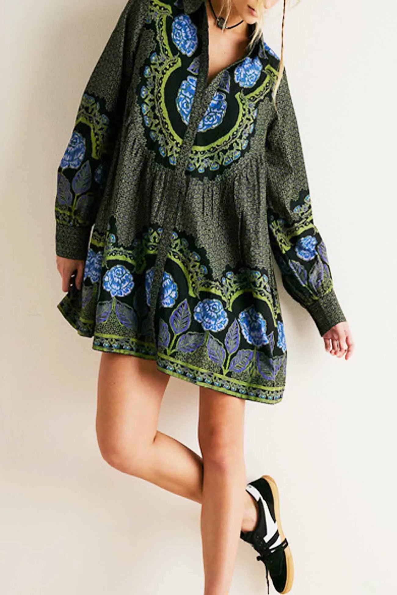 Contrast Floral Printed Lapel Dress