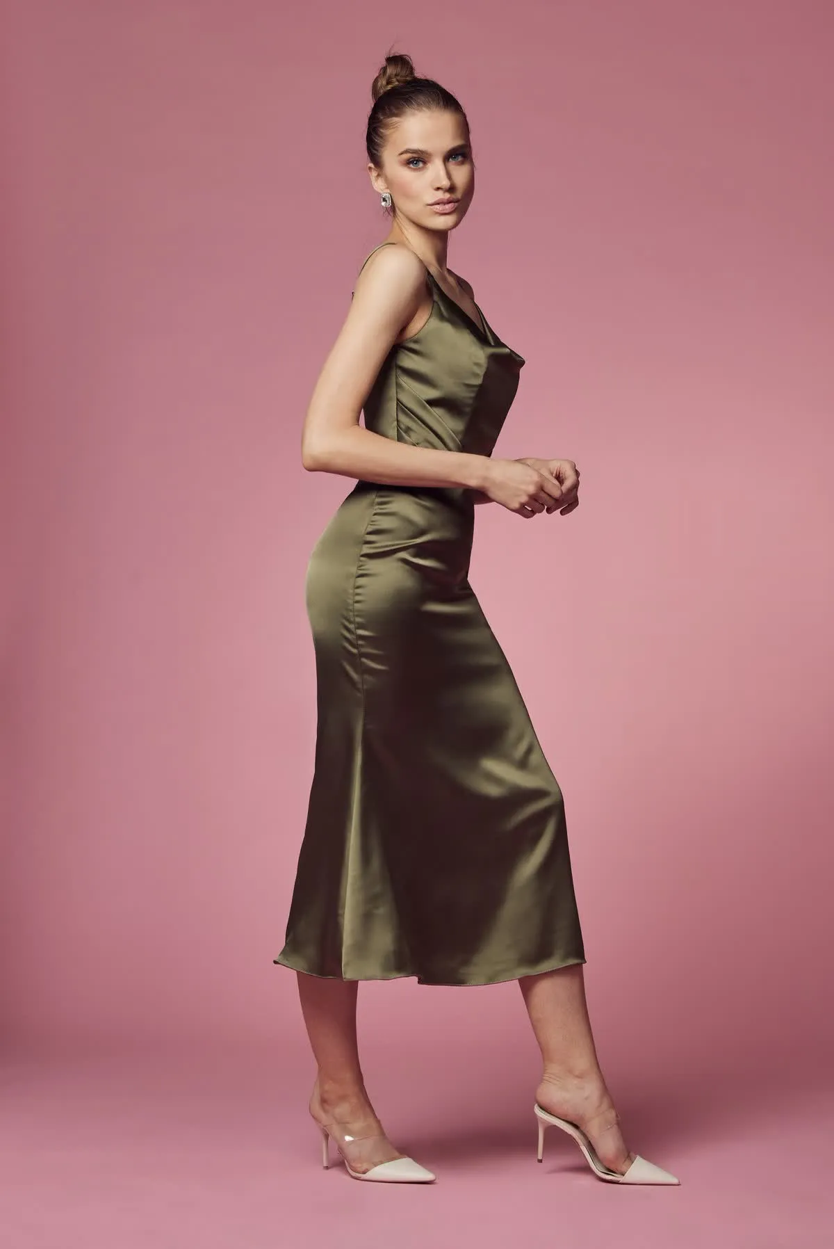 Cowl Neck Satin Open Back Midi Prom & Evening Dress NXR1027