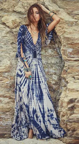 Deep V-neck Irregular Print Sexy Long Beach Dress