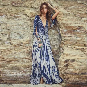 Deep V-neck Irregular Print Sexy Long Beach Dress