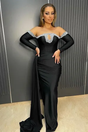 Deluxe Black Floor Length Long Sleeves Mermaid Satin Prom Dress with beads