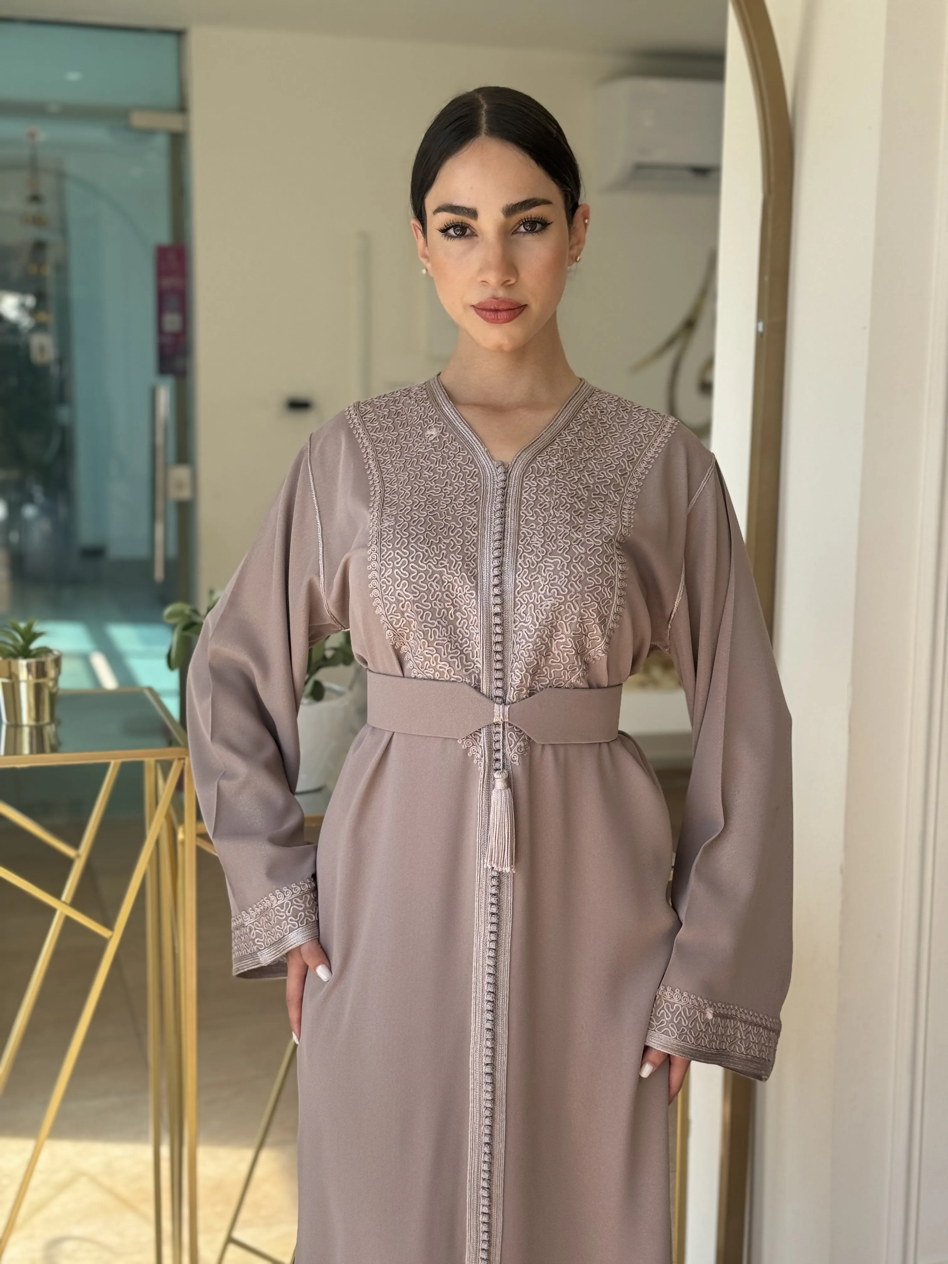 Dusty Pink Caftan Decorated with Al-Muallem Embroidery