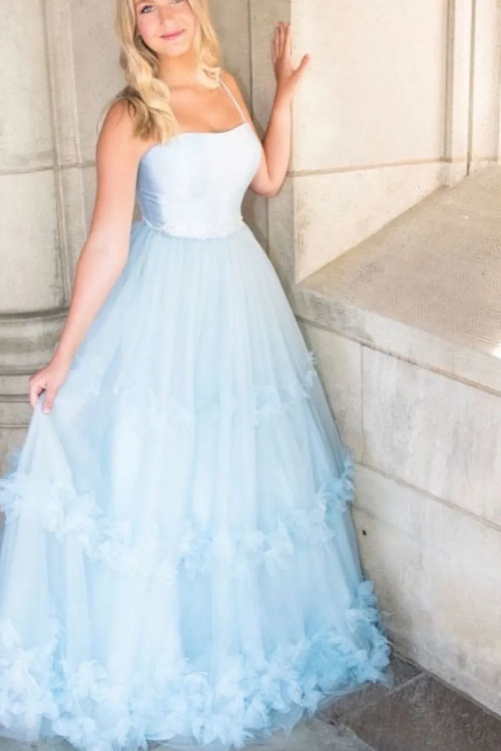 Elegant A Line Light Blue Long Prom Dresses, Ruffles Tulle Formal Evening Dresses GP343